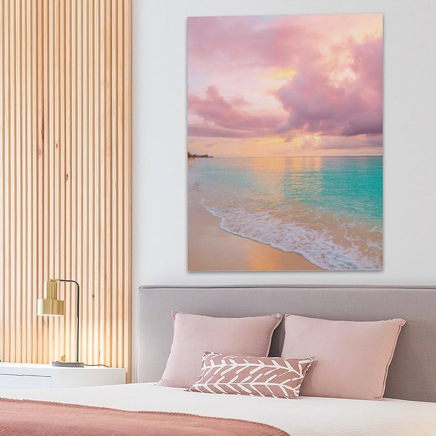 Amazon.co.jp: 絵画 夕暮れのビーチインテリア 絵画 ピンクの雲